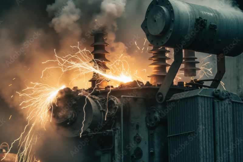 Arc flash during transformer failure showing bright light burst caused by insulation breakdown